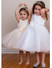 Beaded Tulle Knee Length Flower Girl Dress With Bow